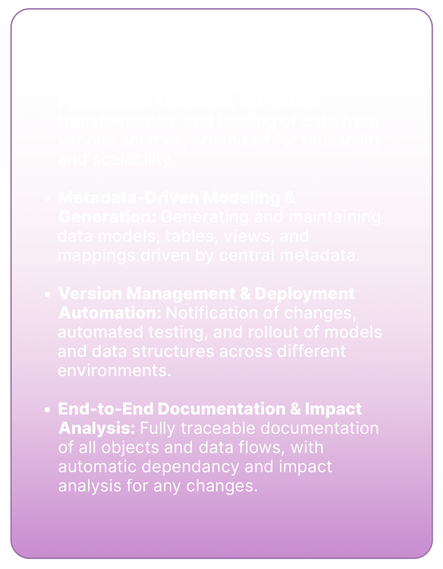 Four key functions of DWH automation: 1. Automated Data Integration & ETL/ELT Processes. 2. Metadata-Driven Modeling & Generation. 3. Version Management & Deployment Automation. 4. End-to-End Documentation & Impact Analysis
